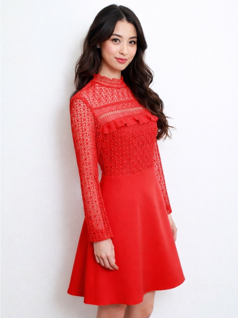 Stradivarius Zara Dress Red Lace Yoke Fit & Flare MSRP $72